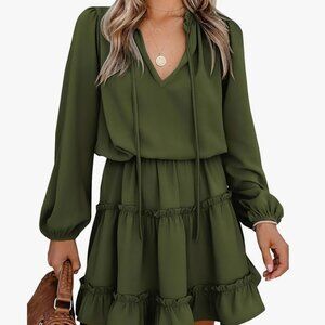 Women Summer Spring Dress Tie Neck Long Sleeve High Waist Tiered- NEVER WORN